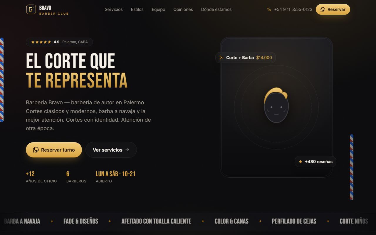 Ejemplo de web para Barbería: BRAVO Barber Club