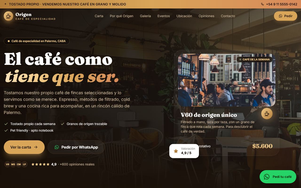 Ejemplo de web para Cafetería de especialidad: Café Origen