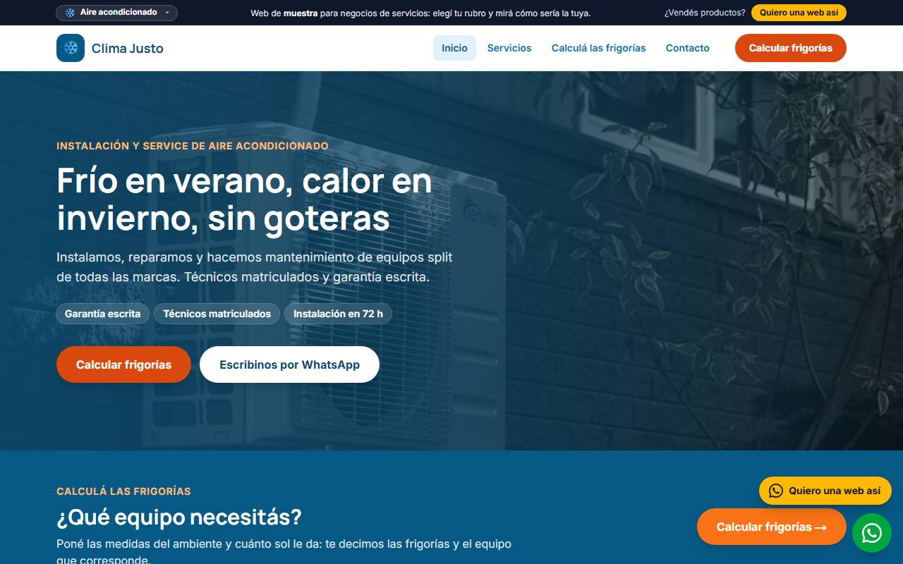 Ejemplo de página web para servicios de climatización