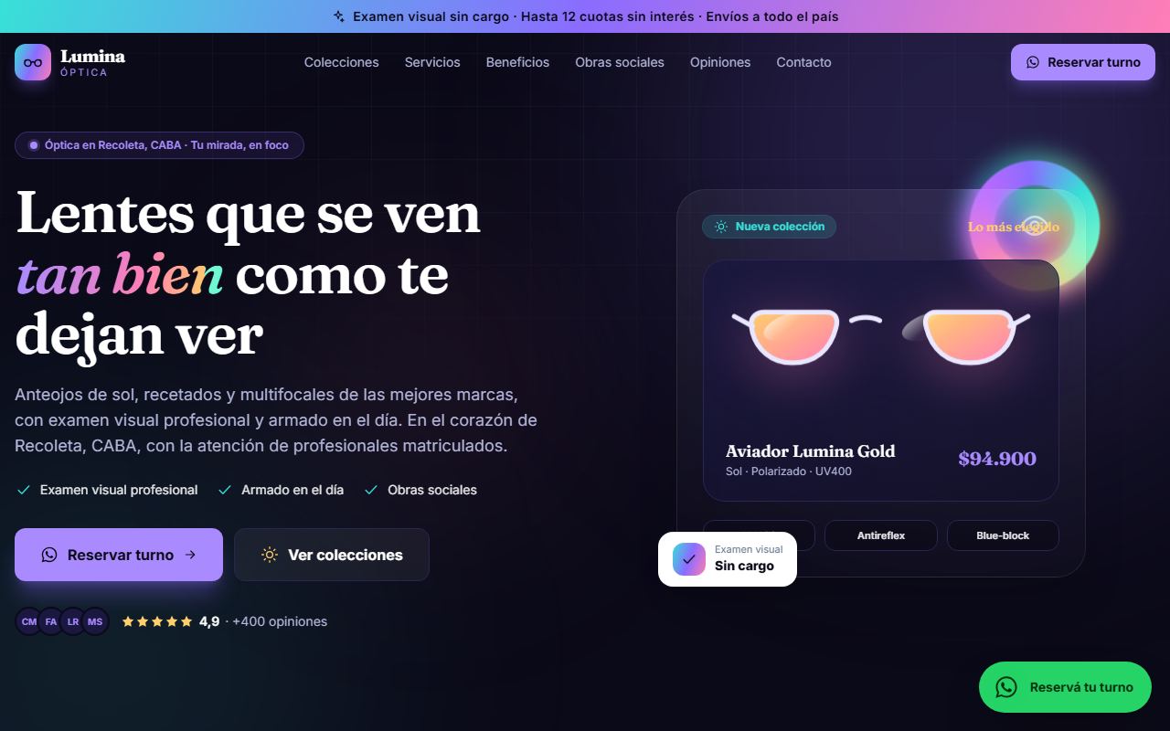 Ejemplo de web para Óptica: Óptica Lumina
