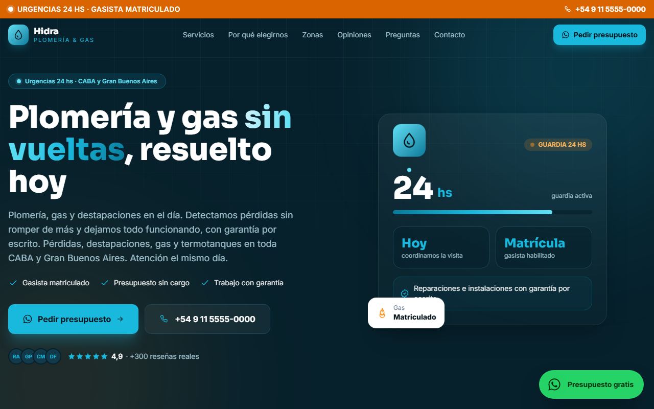 Ejemplo de web para Plomería y gas: Hidra