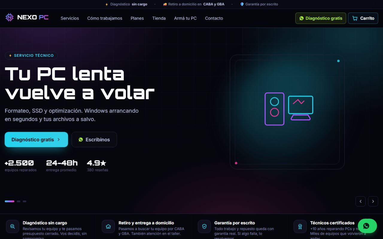 Ejemplo de web para Servicio técnico + tienda: Nexo PC
