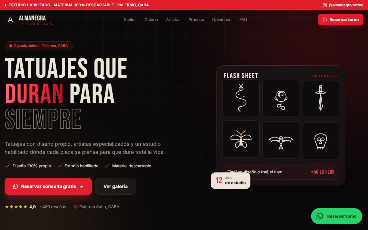 Ejemplo de web para Estudio de tatuajes: Almanegra